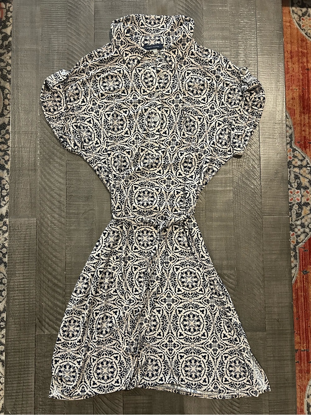Tommy Hilfiger Geometric Black & Cream Mini Dress with Tie Waist